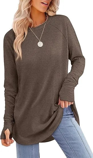Women's Round Neck Solid Color Finger Long-sleeved Top Loose Medium and Long Bottoming Shirt