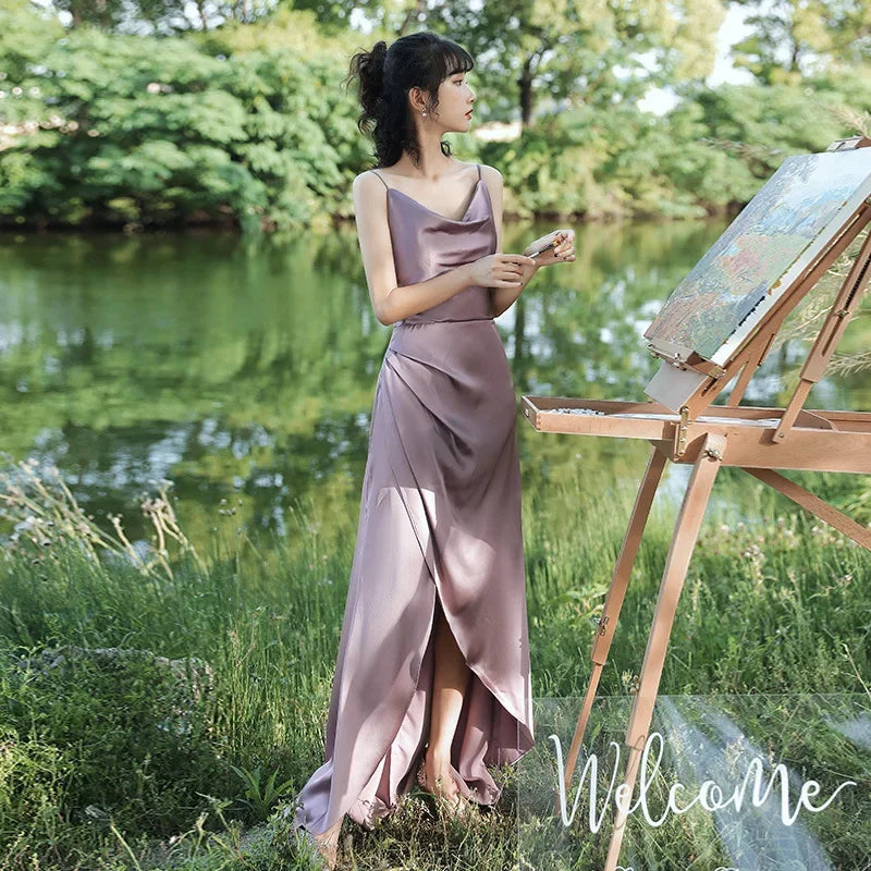 Bridesmaid Dress Girlfriend Group Summer New Satin Long Sisters Temperament Mori Celebrity Banquet Bridesmaid Dress