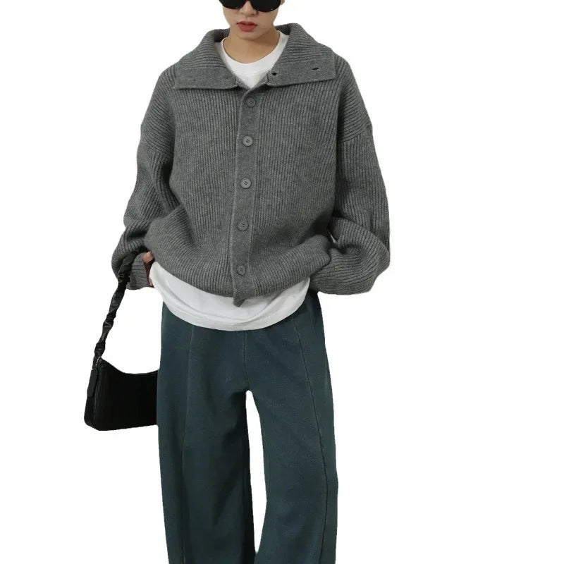 Women's Grey Turtleneck Sweater Women's Autumn and Winter New Loose Lazy Wind Lapel Knitted Cardigan Top Jacket