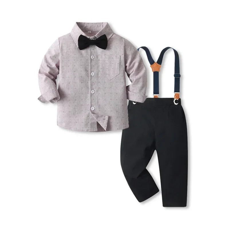 Boys' single-breasted long-sleeved printed cardigan overalls two-piece autumn trend suit