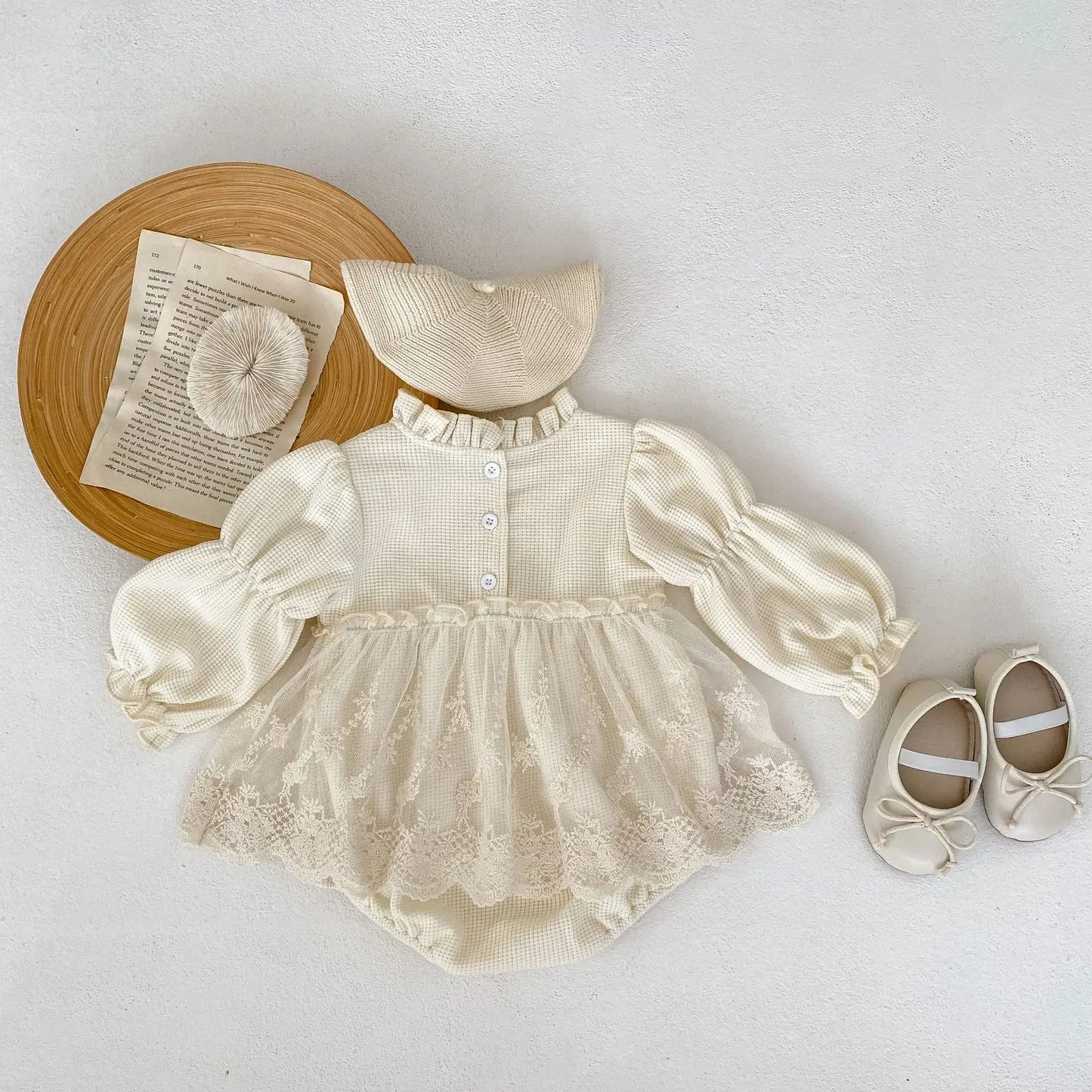 2024 Autumn Infant Baby Girl Waffle Lace Small Skirt Long Sleeve Romper Hat Skirt Fart onesie