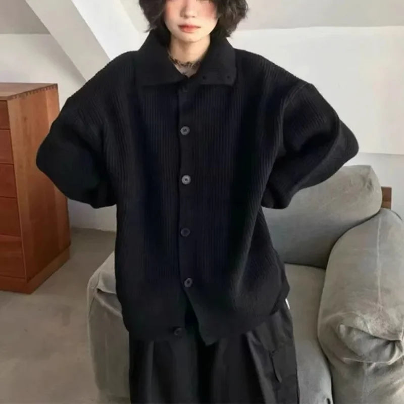 Women's Grey Turtleneck Sweater Women's Autumn and Winter New Loose Lazy Wind Lapel Knitted Cardigan Top Jacket