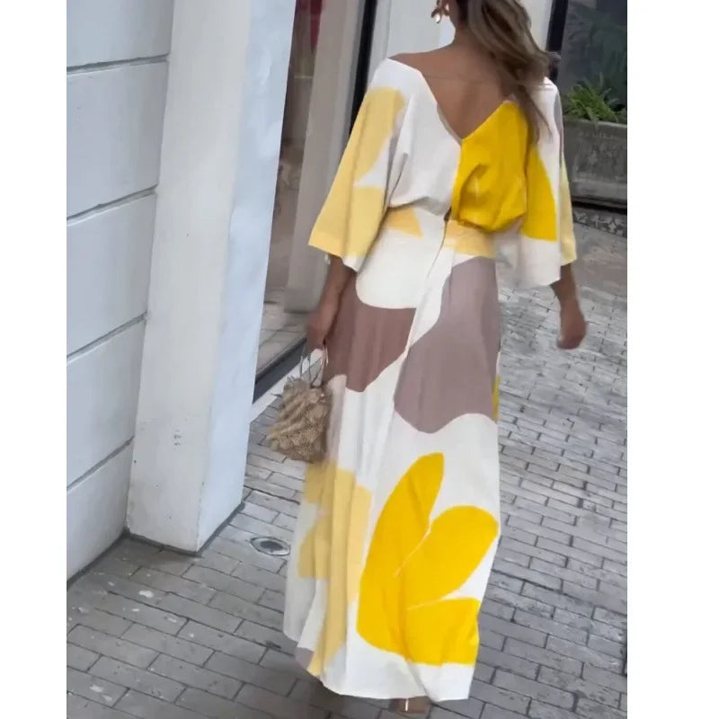 Women's Clothing Spring and Summer New Fashion Temperament V-neck High-waisted Printed Women's Long Dress