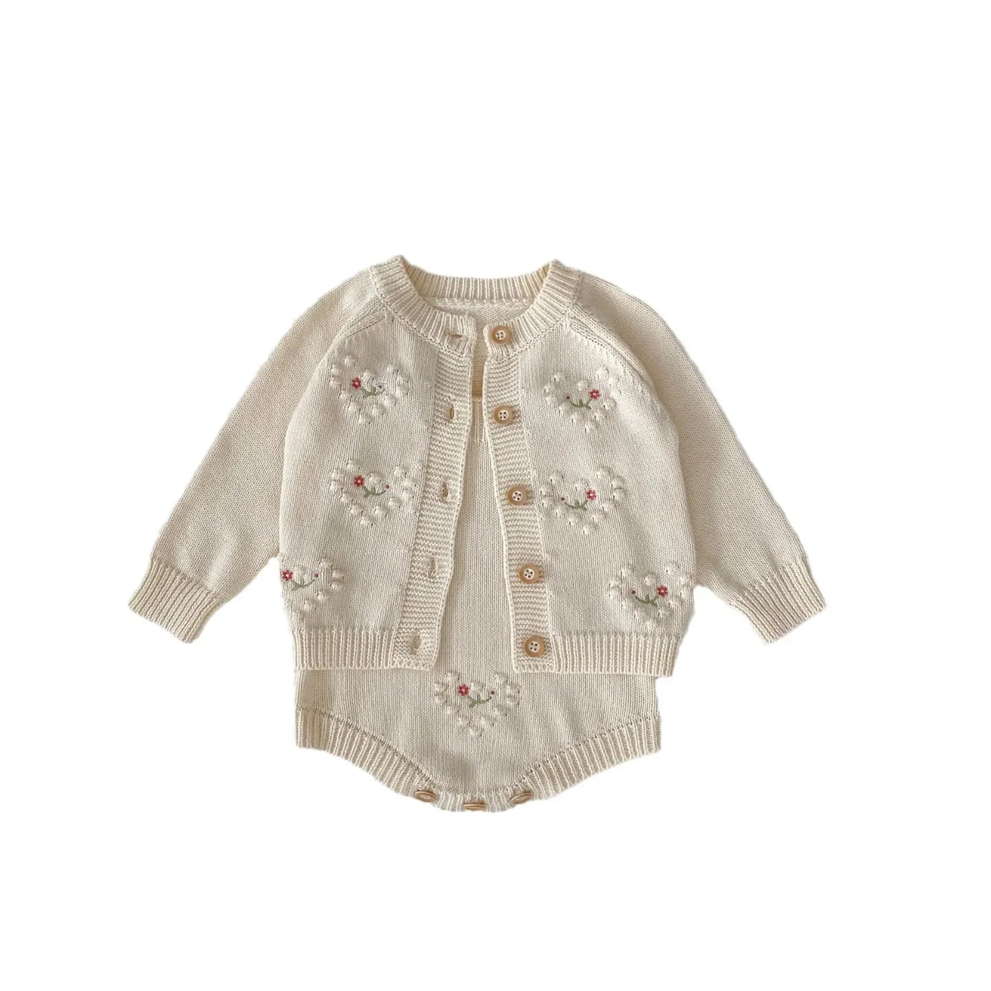 2024 girls knitted cardigan autumn and winter two-piece set baby infant polka dot heart embroidered cardigan
