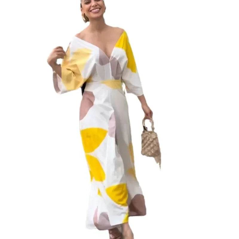 Women's Clothing Spring and Summer New Fashion Temperament V-neck High-waisted Printed Women's Long Dress