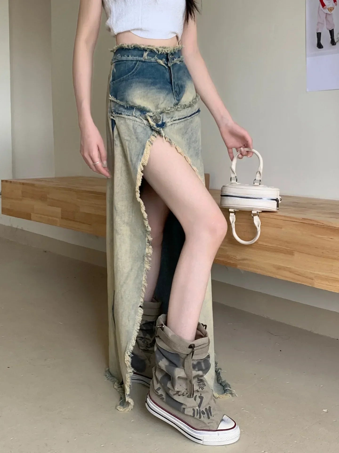 Washed Old Split Denim Medium and Long Skirt Women's High Waist Loose and Thin A Word Burr Edge Long Skirt Tide