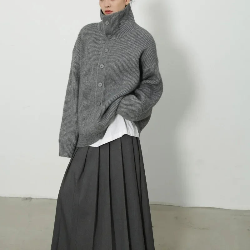Women's Grey Turtleneck Sweater Women's Autumn and Winter New Loose Lazy Wind Lapel Knitted Cardigan Top Jacket