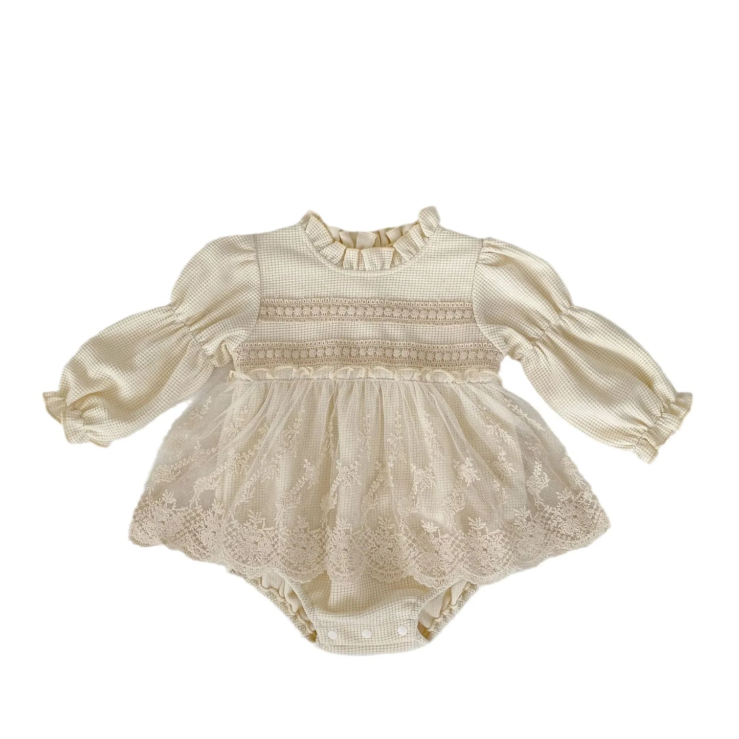 2024 Autumn Infant Baby Girl Waffle Lace Small Skirt Long Sleeve Romper Hat Skirt Fart onesie