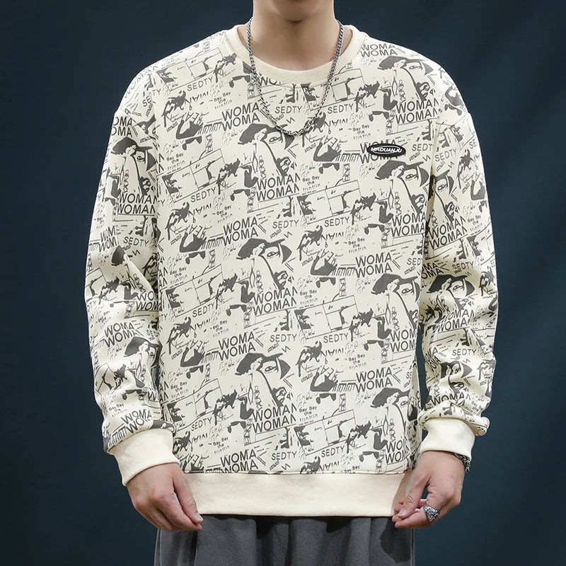 Couple Sweater Men's Loose Autumn and Winter New Design Trendy Brand Full of Printed Tops Men