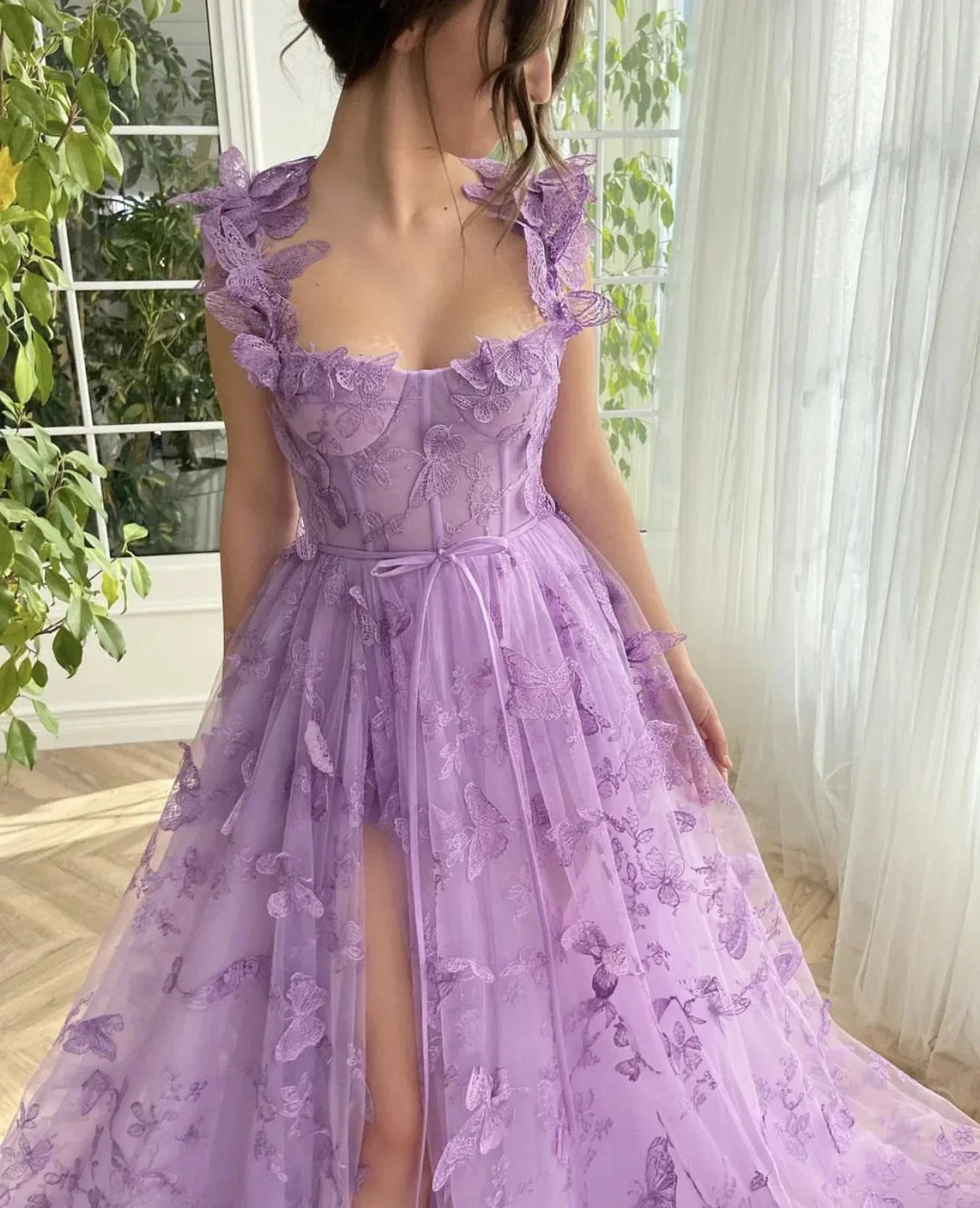 Suspender Mori Split Temperament Sexy Evening Flower Lace Mesh Dress