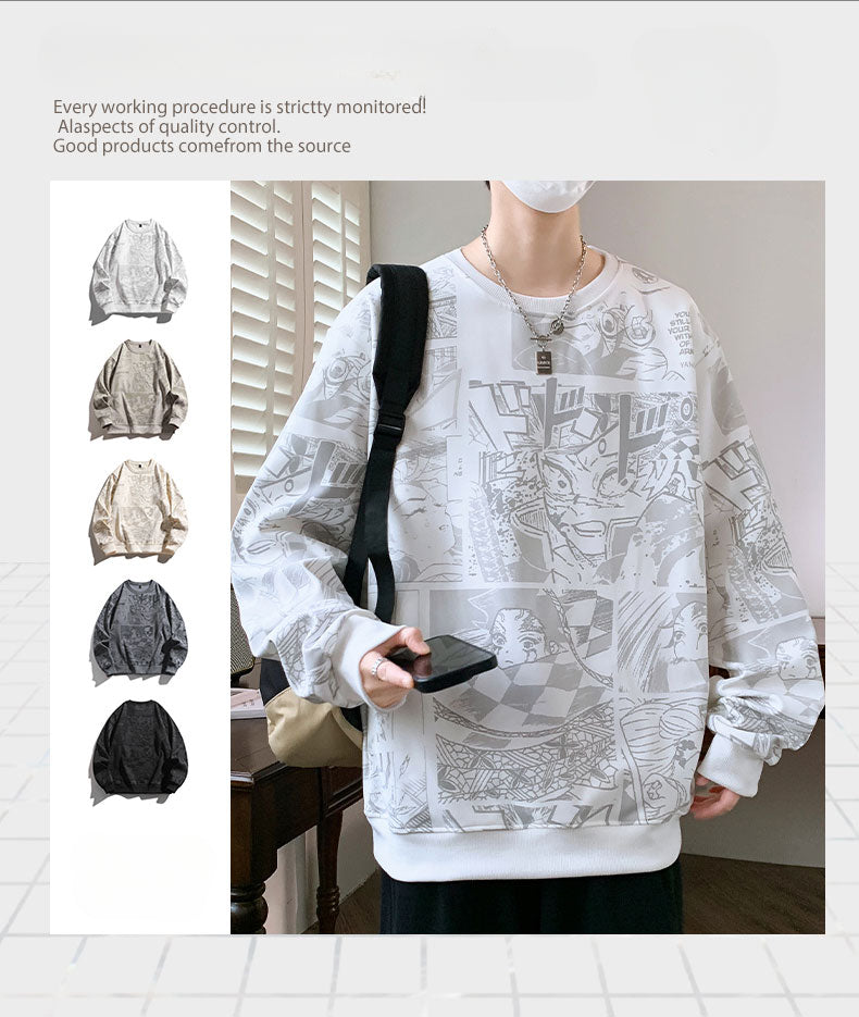 Autumn and Winter Large Size Street Animation Printed Sweater Men's Top Loose and Versatile