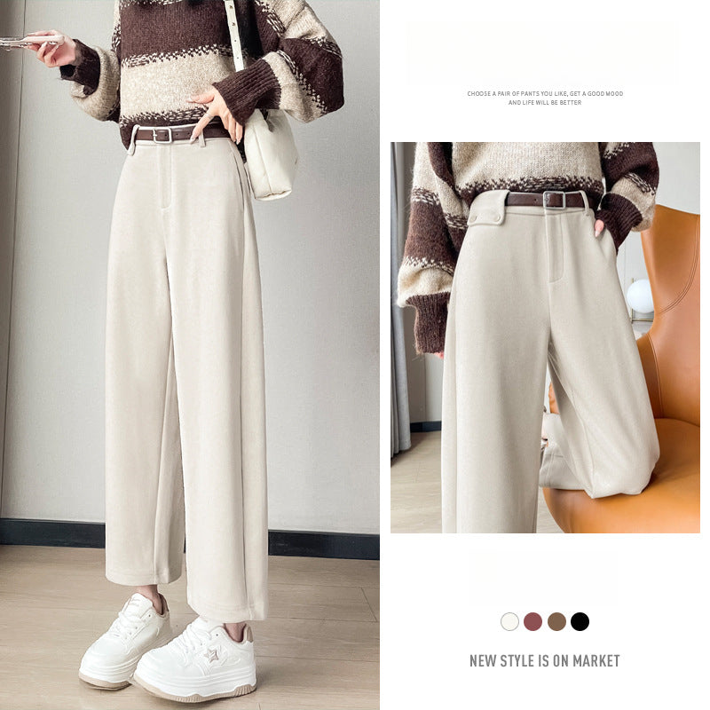 Autumn and Winter New High-waisted Nine-point Straight-leg Woolen Pants with Fleece Harlan Boots Casual Pants for Women