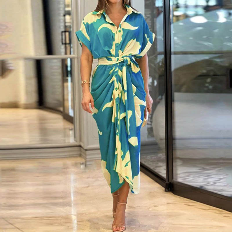 2024 Women's Printed High Waisted Cardigan Dress with Irregular Long Skirt - Short Sleeved Fashion Statement
