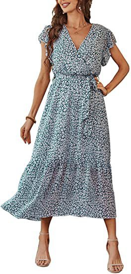 Stylish and Chic: Women's Floral Summer Dress with V-neck, Short Sleeves, Belt, and Pleated Hem - Perfect for Bohemian Fashion Lovers!