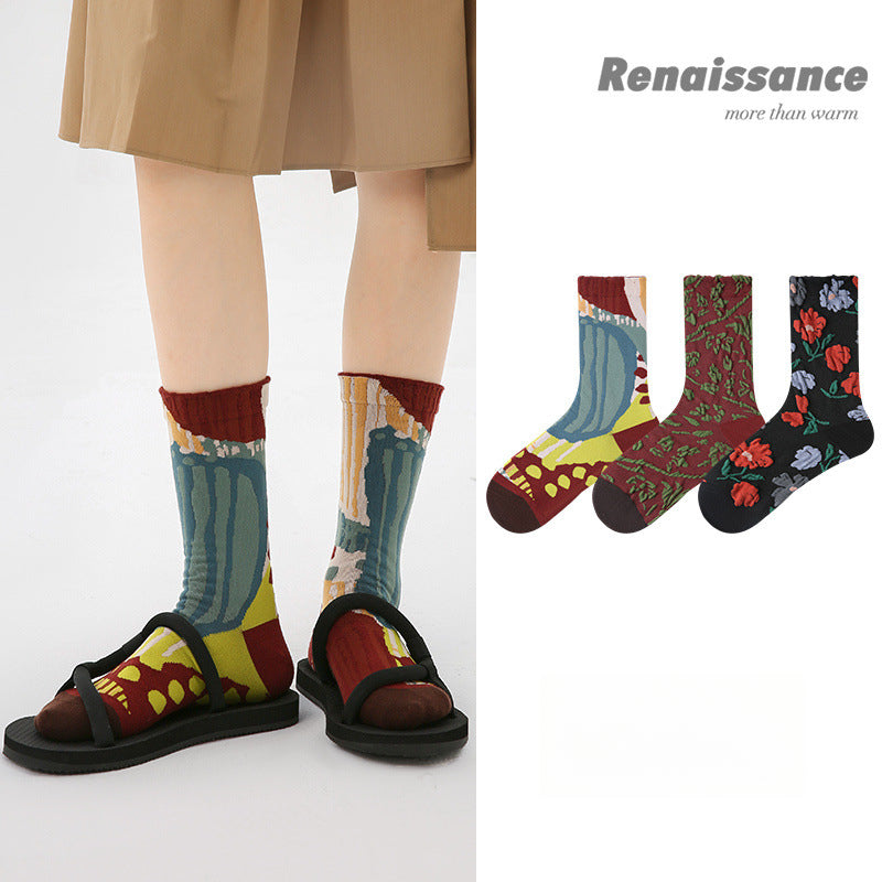 Vintage Renaissance Women’s/Kids’ Thermal Socks - Retro Combed Cotton, Fall-Winter Trendy Design-3PRS