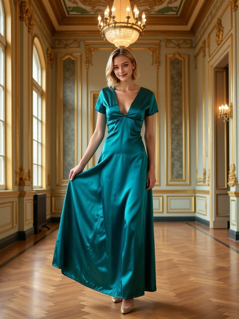 Women's Elegant Versatile V-Neck Texture Short-Sleeve Long dress Evening Gown