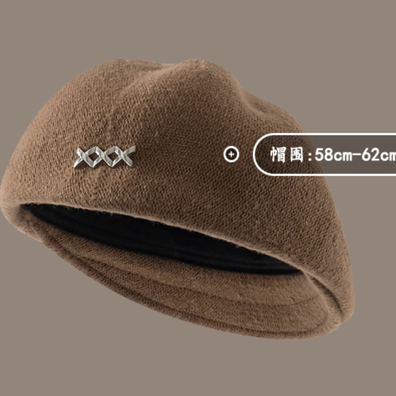 Autumn and Winter New Metal Standard Beret Children Big Head Circumference Show Face Small Reverse Wear Woolen Forward Hat