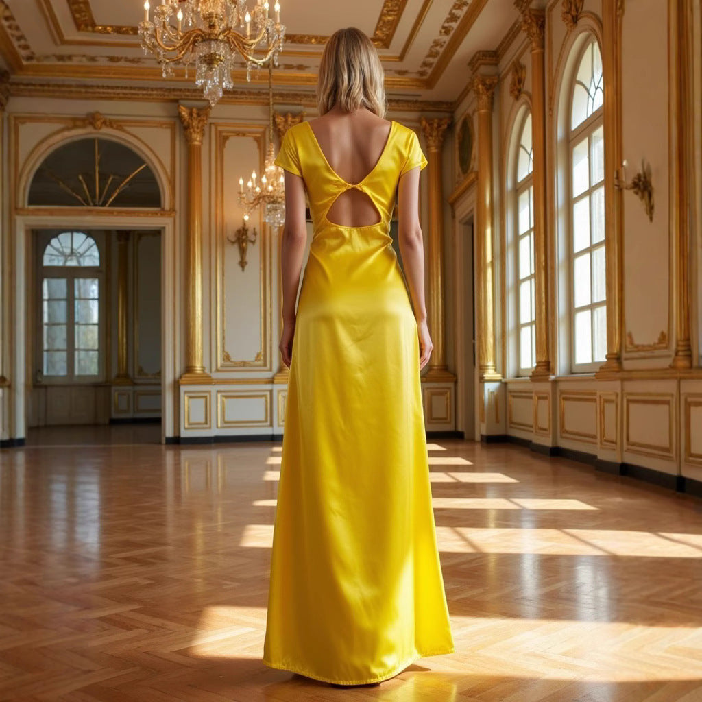 Women's Elegant Versatile V-Neck Texture Short-Sleeve Long dress Evening Gown