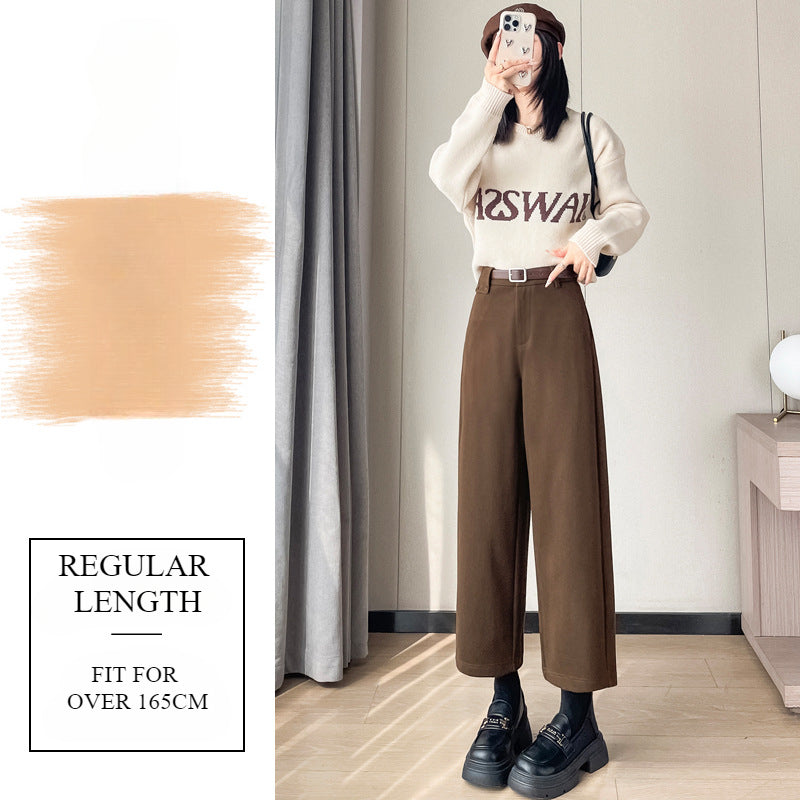 Autumn and Winter New High-waisted Nine-point Straight-leg Woolen Pants with Fleece Harlan Boots Casual Pants for Women
