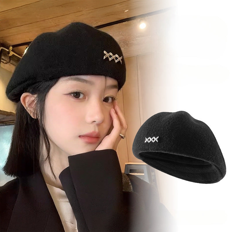 Autumn and Winter New Metal Standard Beret Children Big Head Circumference Show Face Small Reverse Wear Woolen Forward Hat