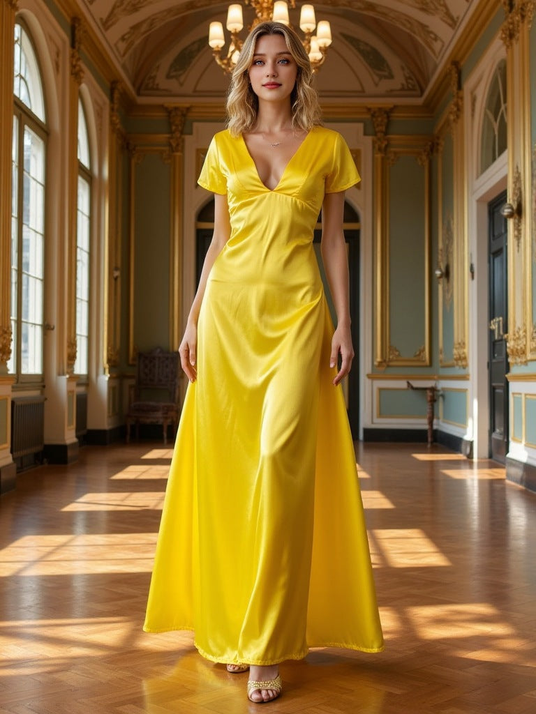 Women's Elegant Versatile V-Neck Texture Short-Sleeve Long dress Evening Gown