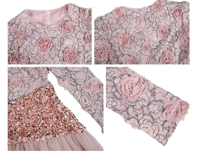 Women’s French-Inspired 3D Floral Sequin Mesh Waist Dress, Elegant Spring & Autumn Party Dress