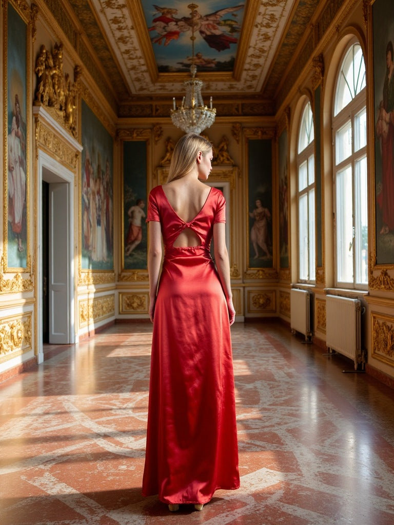 Women's Elegant Versatile V-Neck Texture Short-Sleeve Long dress Evening Gown