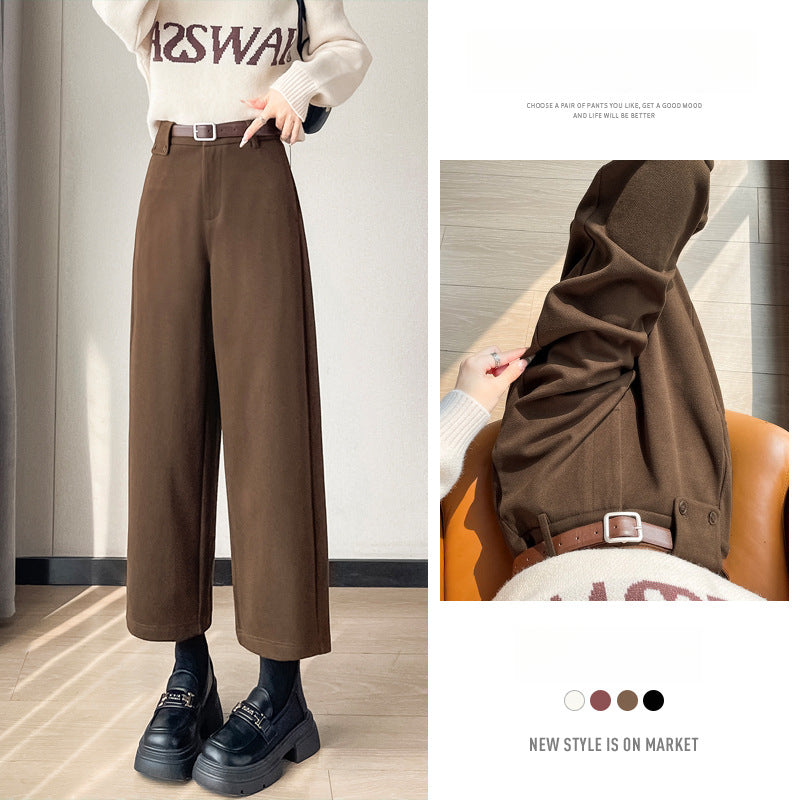 Autumn and Winter New High-waisted Nine-point Straight-leg Woolen Pants with Fleece Harlan Boots Casual Pants for Women