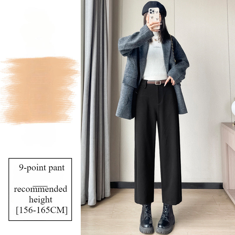 Autumn and Winter New High-waisted Nine-point Straight-leg Woolen Pants with Fleece Harlan Boots Casual Pants for Women