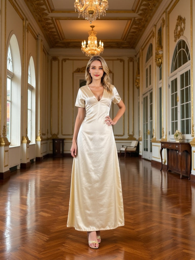 Women's Elegant Versatile V-Neck Texture Short-Sleeve Long dress Evening Gown