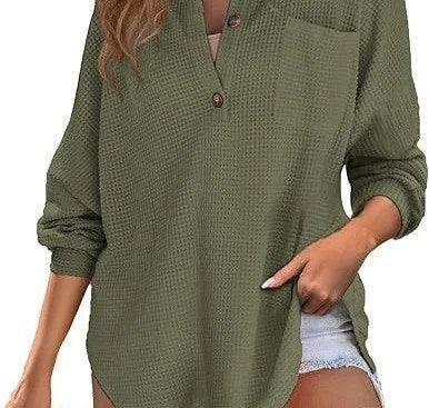 2024 Spring Fashion: Waffle Womens Shirts with Solid Color Lapel and Pocket Detail