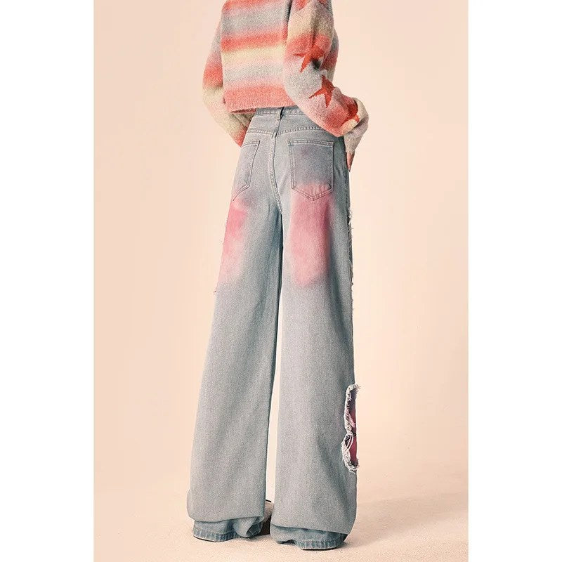 Winter thickened butterfly burr jeans women's autumn and winter design sense high waist narrow version wide leg straight pants