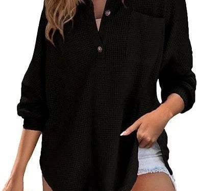 2024 Spring Fashion: Waffle Womens Shirts with Solid Color Lapel and Pocket Detail