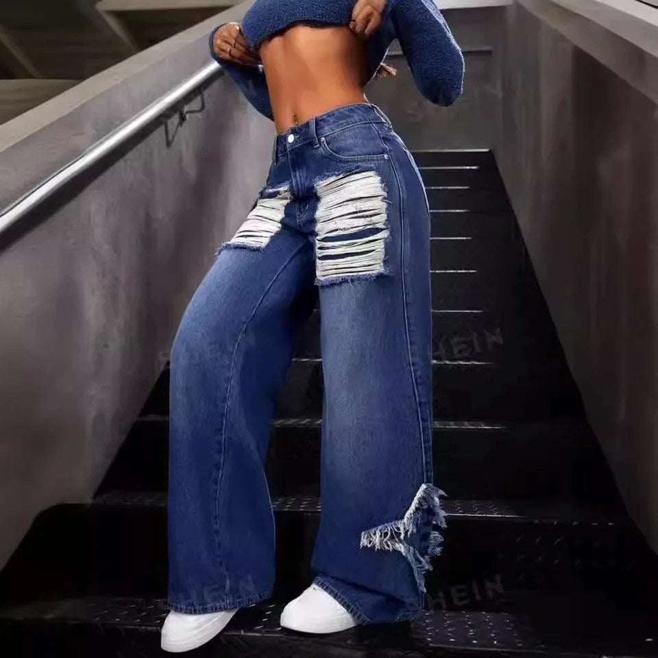 Blue Jeans Women's Autumn and Winter Star Sticker Fringed Rough Edge Large Size Loose Straight Casual Wide Legs Long