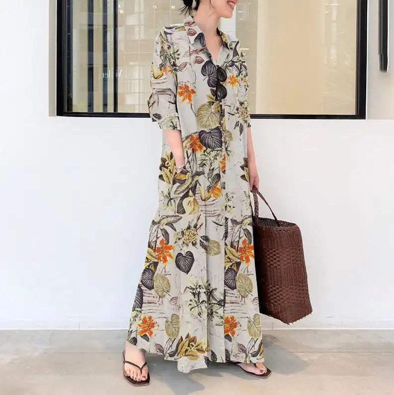 Upgrade Your Wardrobe with Our New Style Cotton and Linen Print Long Shirt Dress - Perfect for Casual and Comfortable Days!