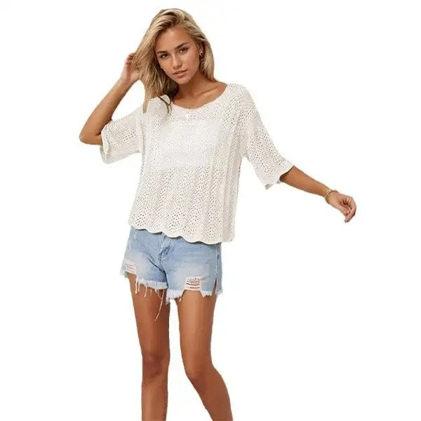 2024 Summer New Round Neck Mesh Knit Tshirt for Casual Women - Hollow Out & Large Size