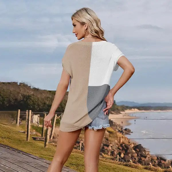 2024 Summer V-neck Cap Sleeve Knit T-shirt Women's: Loose & Casual