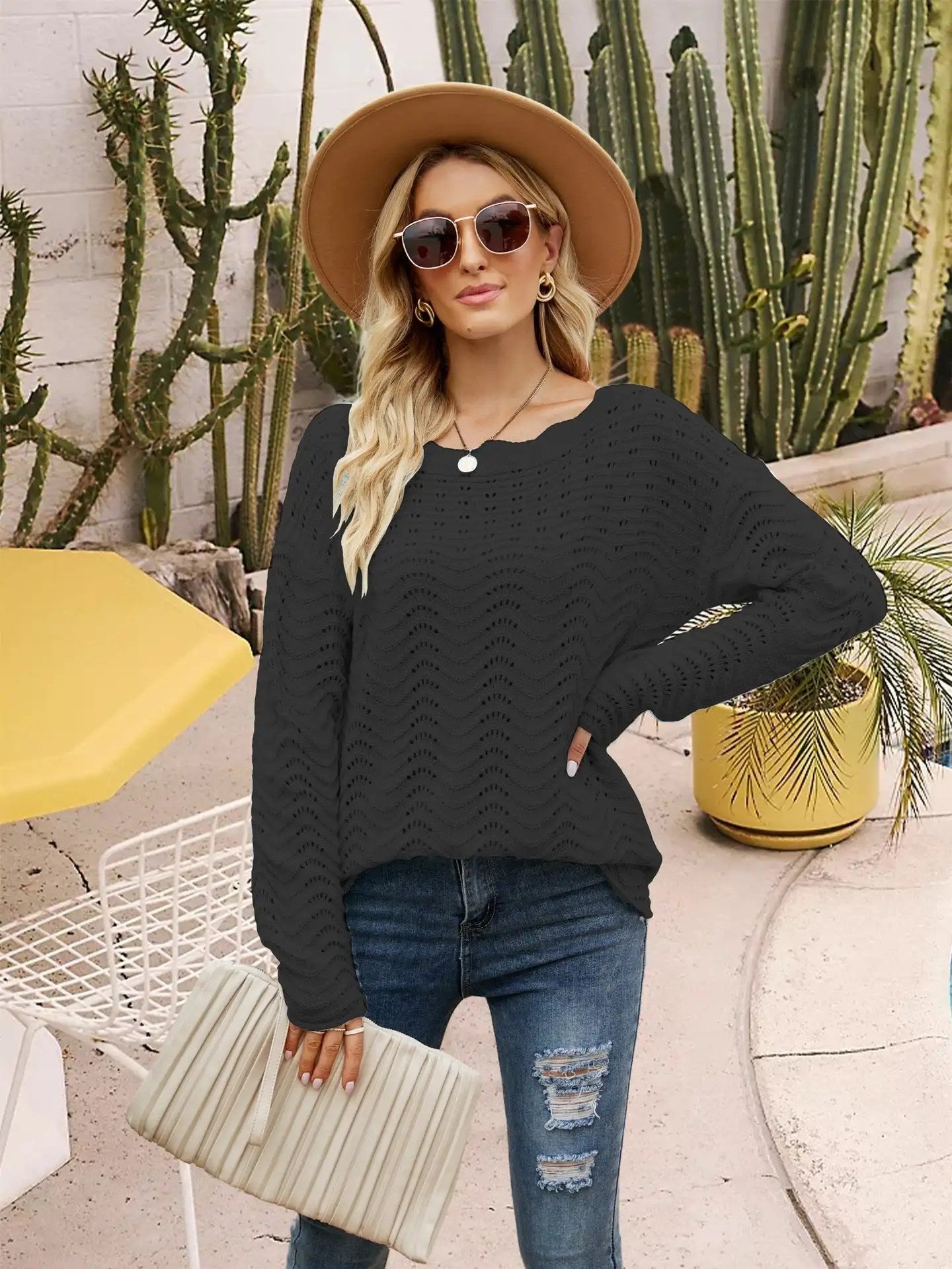 Stylish and Versatile: 2024 Autumn Solid Color Hollow Pullover Knitwear for Women