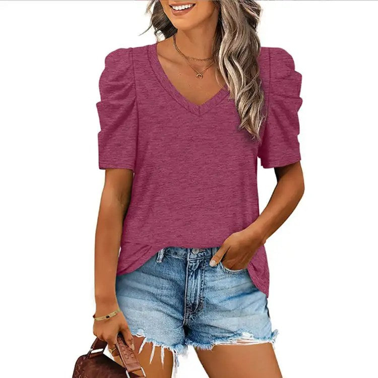 Stay Stylish this Summer with our Drawn Pleated V-neck T-shirt - Popular