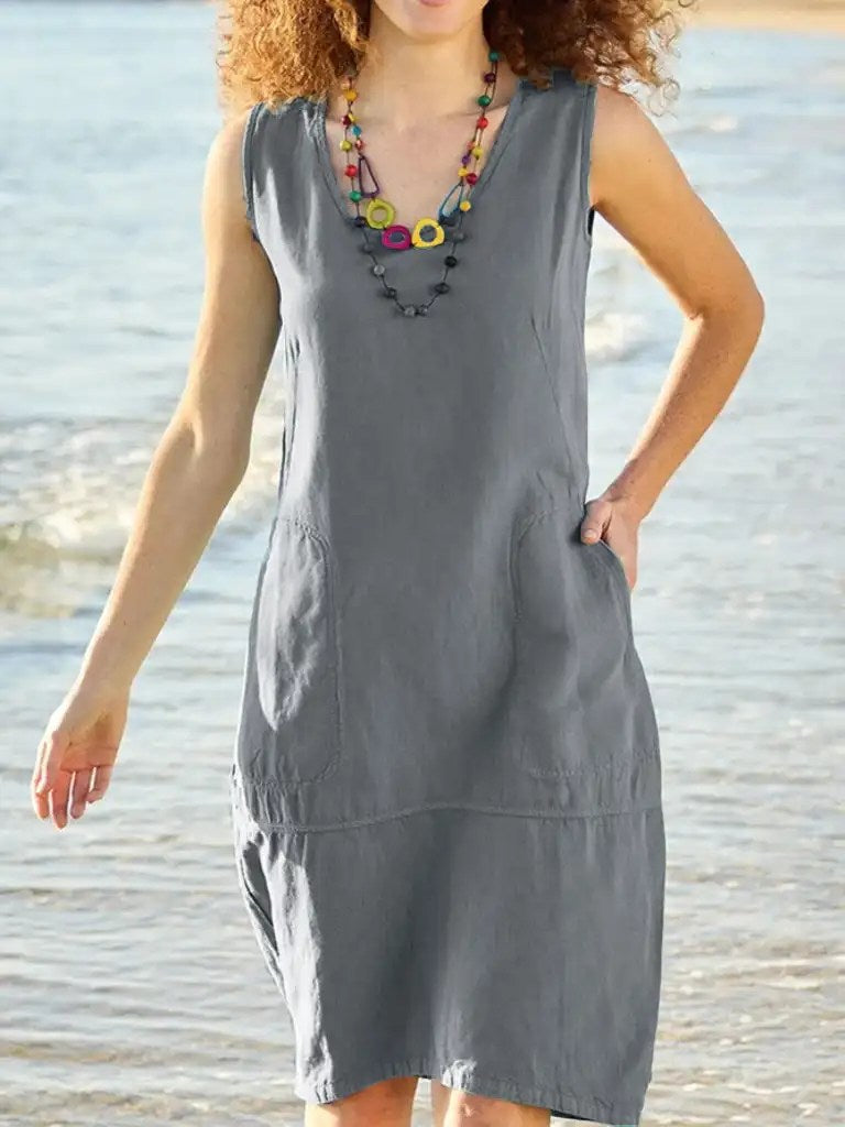2024 Summer Fashion: Cotton and Linen U-Neck Women Dress in Solid Color - Perfect for Adventures!