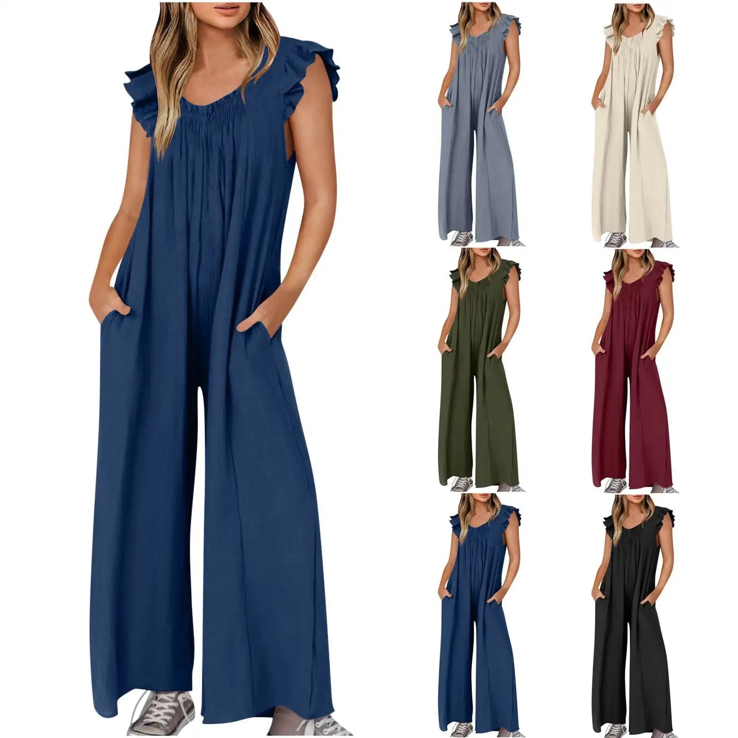 2024 Spring/Summer casual jumpsuits for Women's Jumpsuit: Stylish Pocket Long Casual Shoulder Strap Wide Leg Clothing