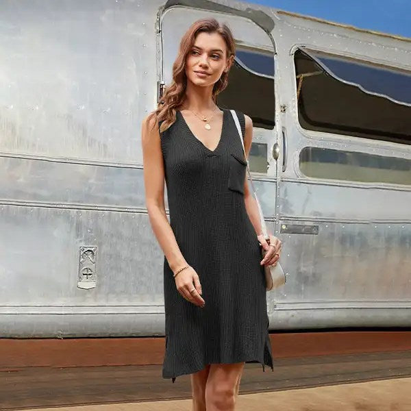 Upgrade Your Wardrobe with the 2024 Spring and Summer V-Neck Slit Dress - Plus Size Knit Skirt for Women