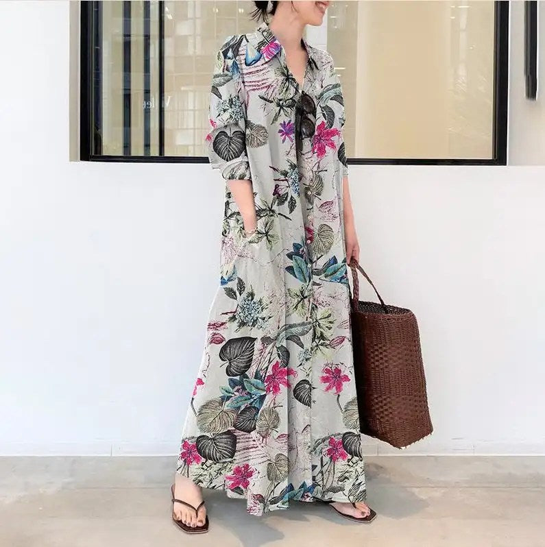 Upgrade Your Wardrobe with Our New Style Cotton and Linen Print Long Shirt Dress - Perfect for Casual and Comfortable Days!