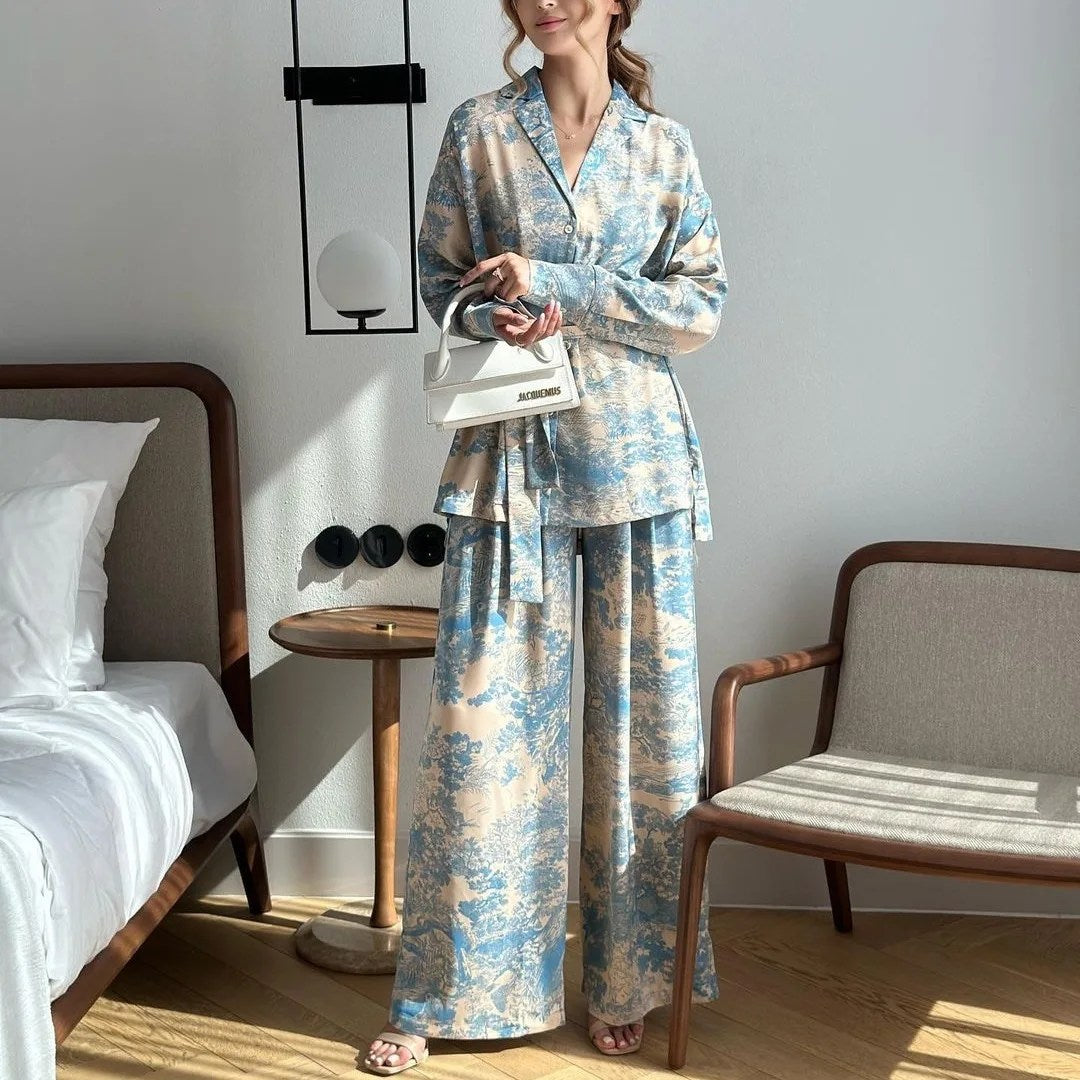 Chic French Printed Lace-Up Shirt & High-Waisted Wide Leg Pants Set for Women - New Fashionable Long Sleeved Ensemble