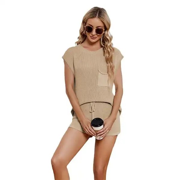 2024 Women's Casual Set: Loose Fit Knitwear Vest, and Shorts Set in Solid Colors - Plus Size with Convenient Pockets