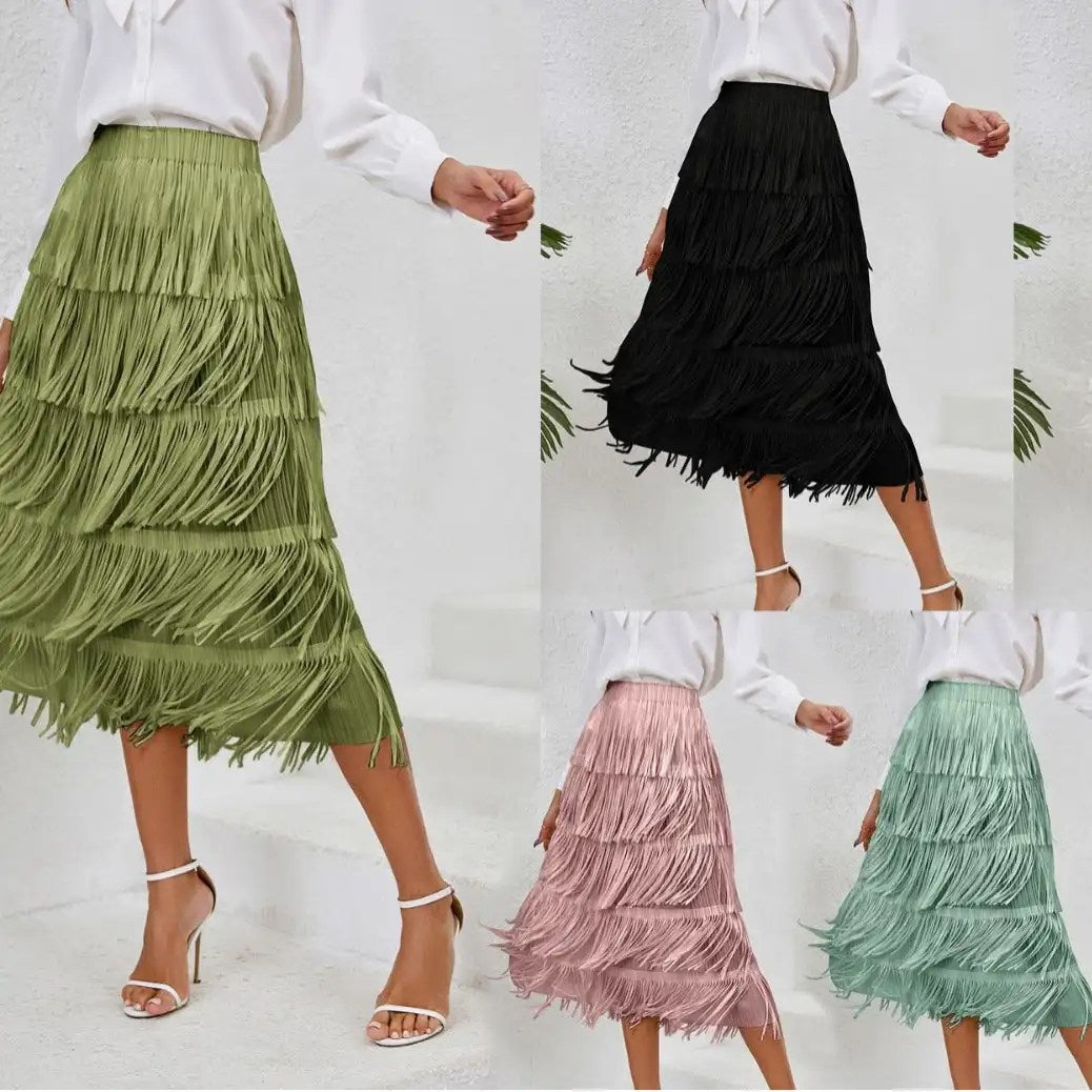 2024 Spring/Summer Women's Fringe Half Skirt: Chic Mid-Length Elastic Waist Style