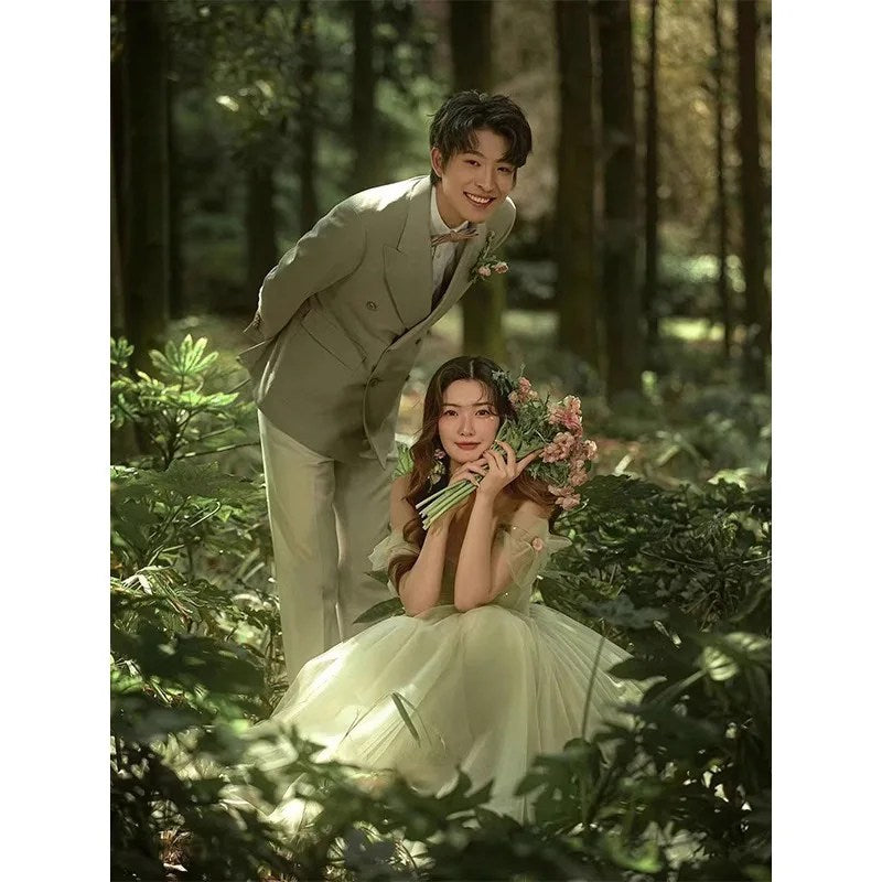 Forest Department Travel Photography Green Color Dress Princess Style Romantic Wedding Photo Theme Photography Wedding Dress
