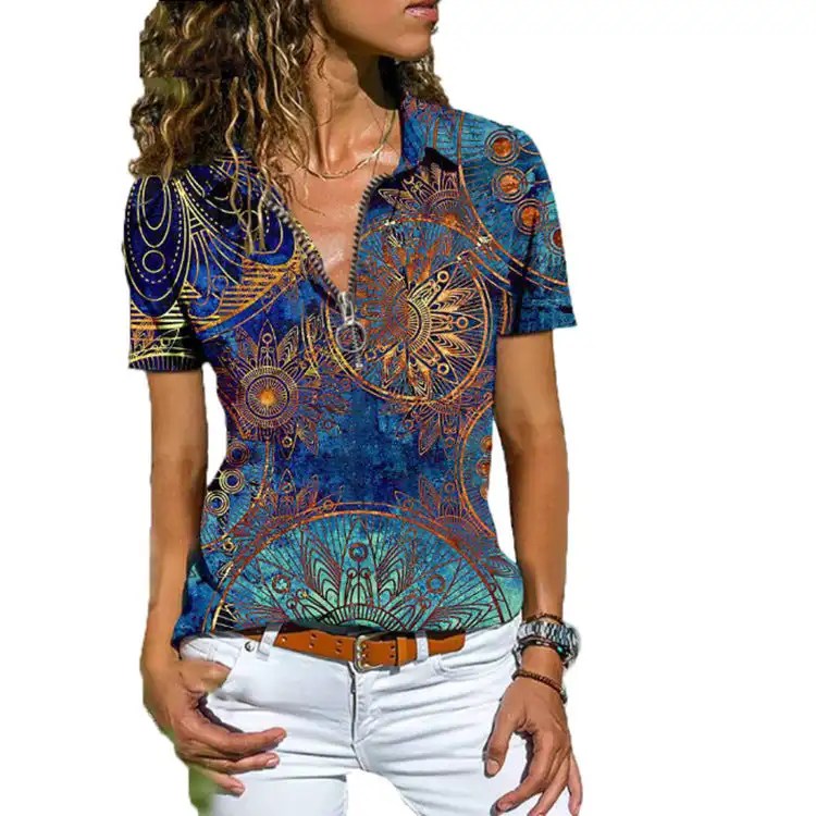 Bohemian Western Ethnic Style T-shirt for Women With Zippered- Hot Seller!
