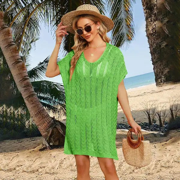 Summer Women's Clothing: Stylish V-Neck Hollow Beach Skirt in Plus-Size Sweater Dress Design