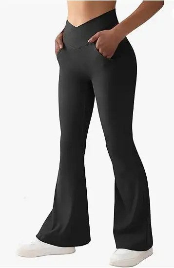2024's Must-Have: Women's Sexy Ribbed Cross Yoga Pants with Pockets and High Waisted Flared Design